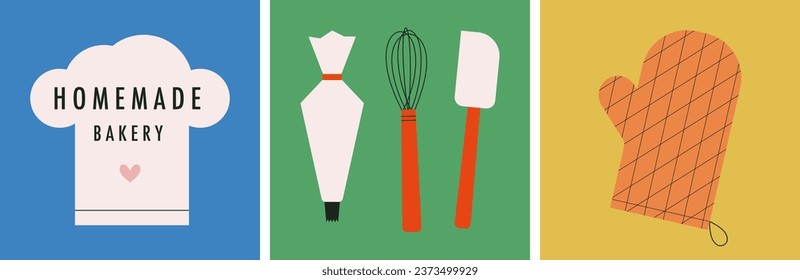 Bakery utensils, kitchenware, set. Abstract simple background for baking, bakery shop, cooking, sweet products, dessert, pastry. Flat vector illustration for poster, banner, cover, flyer, menu.