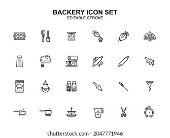 Bakery utensils vector icon set. Editable stroke. Home baker tools illustration. Spoon, fork, knife, scissors, brush, whisk, cutter, spatula and etc. Minimal linear design.