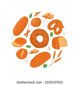 Bakery - various kinds of bread stuffed. Bread rolls, bagel, bread and pretzel top view. Isolated on white background. Vector illustration
