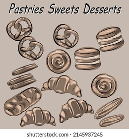 Bakery - various kinds of breadstuff. Bread rolls, baguette, bagel, sweet bun and croissant captured from above. Pictures for wallpaper, for desktop. Vector isolated objects.