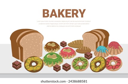 Bakery vector, Baked bread products wheat, rye bread loafs, sliced bread toasts, chocolate muffin, donut. Elements for bakery, pastry design. EPS Vector.