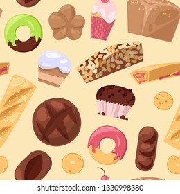 Bakery vector baking pastry bread or loaf and baked donut for breakfast illustration muffin and cupcakes set isolated on background