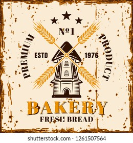 Bakery vector colored illustration advertising banner with windmill, grunge textures and rust effect in retro style
