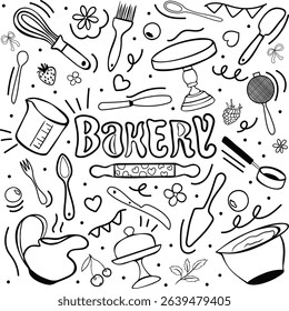 Bakery vector doodle set. Bakery, pastry, tools, equipment. Hand drawn illustration isolated on white background. 