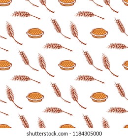 Bakery Vector Food Background. Bread products. Hand drawn Doodle Pie and Wheat ears Seamless pattern