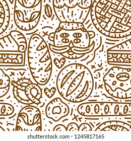 Bakery vector hand drawn line ornament. Seamless pattern with bread and sweet
