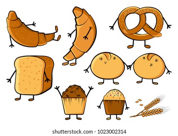 Bakery vector icon set. Funny stylized characters. Food illustration