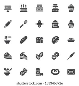 Bakery vector icons set, modern solid symbol collection, filled style pictogram pack. Signs, logo illustration. Set includes icons as puff pastry, cooking cake, pie recipe, birthday cake with candle