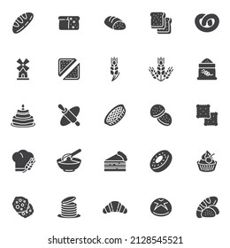 Bakery vector icons set, modern solid symbol collection, filled style pictogram pack. Signs, logo illustration. Set includes icons as cooking, bread loaf, cake, pancake, cupcake, croissant, cookie