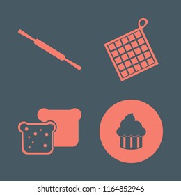 bakery vector icons set. with oven mitts, bread slices, cupcake and rolling pin in set