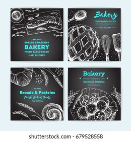Bakery vector illustration. Banner collection. Hand drawn sketch with bread, pastry, sweet. Background template for design. Engraved food image.