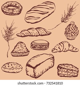 Bakery vector illustration. Hand drawn vector background. Set of bakery: bread, donut, croissant, macaroon, cake, pie, brownie, cheesecake. Wheat ears, barley, rye. Can be used for bakery package etc
