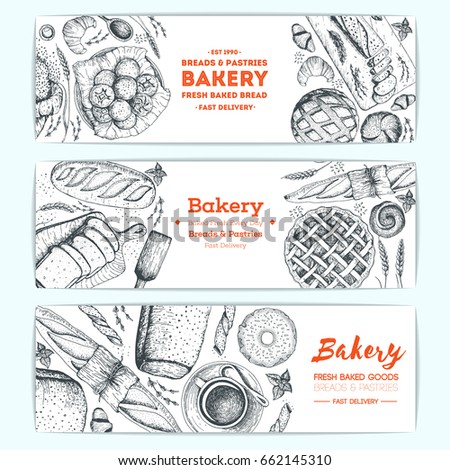 Bakery vector illustration. Horizontal banner set. Hand drawn sketch with bread, pastry, sweet. Background template for design. Engraved food image.