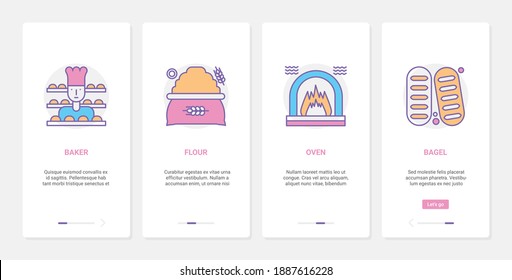 Bakery vector illustration. UX, UI onboarding mobile app page screen set with line baker chef character, bag of wheat flour, oven for baking bread, french bagel baguette and loaf snack food products