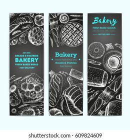 Bakery vector illustration. Vertical banner set. Hand drawn sketch with bread, pastry, sweet. Background template for design. Engraved food image. Bakery sketch