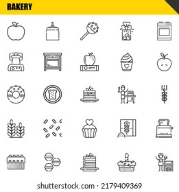 bakery vector line icons set. apple, cake and donut Icons. Thin line design. Modern outline graphic elements, simple stroke symbols stock illustration