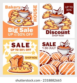 Bakery vector poster set, bread, croissant, biscuit, dumpling, khachapuri, tea, spices, cupcake in cartoon style.