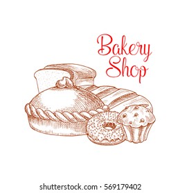 Bakery vector poster of toast bread slices, wheat bagel or loaf, sweet donut with chocolate or caramel glaze, muffin or cupcake with raisins, baked fruit pie or tart. Design for pastry or baker shop