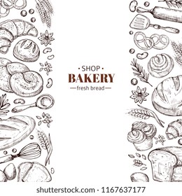 Bakery vector retro background with hand drawn doodle bread. Illustration bakery and bread shop, vintage drawing poster