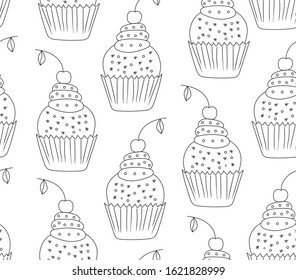 Bakery vector seamless pattern with cherry muffins. Muffin day illustration