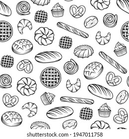 Bakery vector seamless pattern with engraved elements. Background design with bread, pastry, pie, buns, sweets, cupcake. Collection of modern linear graphic, food hand drawn sketches for bakery shop. 