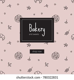 Bakery, vector seamless pattern with items like croissant, bread roll and plants. Handmade style, doodle.