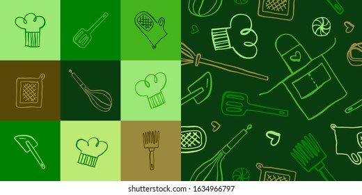 Bakery vector symbol with gastronomic seamless pattern. Doodle background for restaurant branding. Hand-drawn illustrations of bakehouse. Linear icons for emblem of cooking class. Cooking food pattern