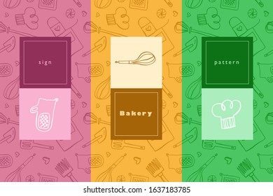 Bakery vector symbol with gastronomic seamless pattern. Doodle background for restaurant branding. Hand-drawn illustrations of bakehouse. Linear icons for emblem of cooking class. Cooking food pattern