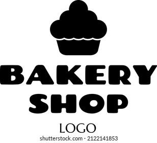 bakery vector text logo sticker with text and cake icon. label with lettering for words BAKERY. label, badge, emblem, signboard. cupcake silhouette for bakehouse. typographic logo design. cake symbol