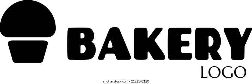 bakery vector text logo sticker with text and cake icon. label with lettering for words BAKERY. label, badge, emblem, signboard. cupcake silhouette for bakehouse. typographic logo design. cake symbol