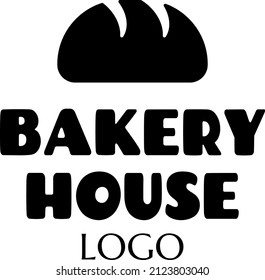 bakery vector text logo sticker with text and bread icon. label with lettering for words BAKERY HOUSE. label, badge, emblem, signboard. pastry silhouette for bakehouse. typographic logo symbol design 