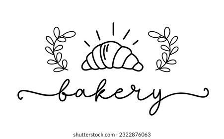 Bakery. Vector vintage logo croissant. Design typography, logo, badge, label, icon. Hand drawn horizontal calligraphy text. Typography bakery logo. Signboard icon bakery. Black and white illustration.