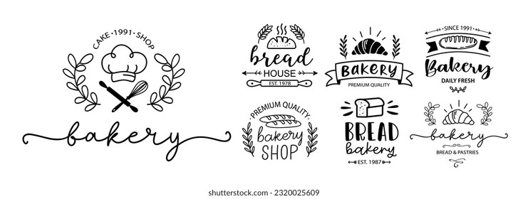 Bakery. Vector vintage logo set. Design typography, logo, badge, label, icon. Hand drawn horizontal calligraphy text. Typography bakery logo. Signboard icon bakery. Black and white illustration.