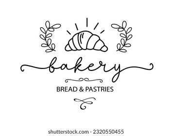 Bakery. Vector vintage logo word. Design typography, logo, badge, label, icon. Hand drawn horizontal calligraphy text. Typography bakery logo. Signboard icon bakery. Black and white illustration.