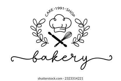 Bakery. Vector vintage logo word. Design typography, logo, badge, label, icon. Hand drawn horizontal calligraphy text. Typography bakery logo. Signboard icon bakery. Black and white illustration.