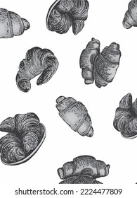 Bakery vertical croissants  black and white cover, croissants on white background seamless pattern. Graphical  illustration for printing and design 