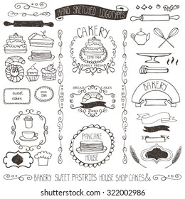 Bakery Vintage Badges,Labels,logo for sweet shop,coffee.Hand sketched logotype.Doodles design elements.Vector
