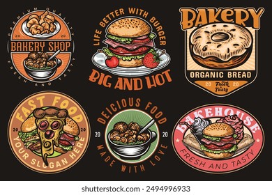 Bakery vintage colorful logotype collection for restaurant or cafe fast food. Pizza, Burger Vintage hand drawn logo set vector illustration collection for restaurant or cafe of Mexico fast food