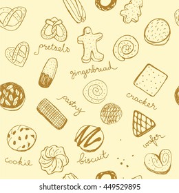 Bakery vintage design elements. Cookies wrapping paper with calligraphy: cookie, pretzels, gingerbread, wafer, cracker.