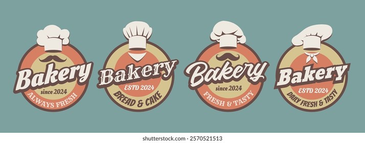 Bakery vintage emblem set. Bakeshop retro tags with cook chef hats isolated vector illustration