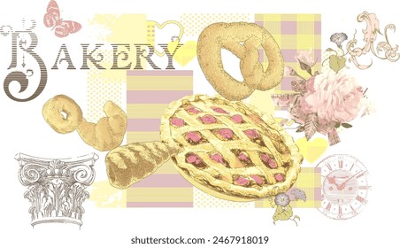 Bakery.  Vintage style. Creative background with elements and objects. Colorful detailed banner with lot of baked goods objects and symbols compositions. 
