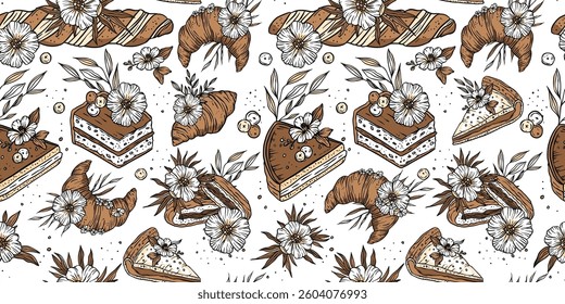 Bakery vintage sweet cake croissant seamless pattern retro cooking food with flowers