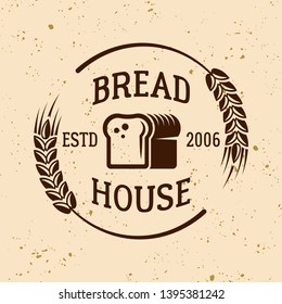 Bakery vintage vector emblem, label, badge or logo with bread and wheat on light colored background