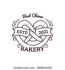 Bakery vintage vector emblem, label, badge or logo with red realistic pretzel on white background