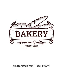 Emblema vectorial vintage de panadería, etiqueta, insignia o logotipo con pan de baguette realista rojo sobre fondo blanco