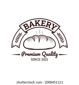Bakery vintage vector emblem, label, badge or logo with red realistic baguette bread on white background