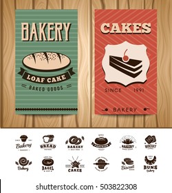 Bakery visit cards in retro style on wooden background with set of monochrome emblems isolated vector illustration