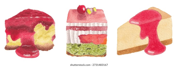 Bakery watercolor dessert elements featuring cakes, pastries, and sweet treats painted in a soft handmade style. Ideal for menus, packaging, cafe branding, and food themed designs.