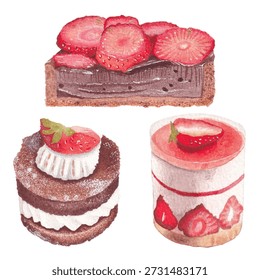 Bakery watercolor dessert elements featuring cakes, pastries, and sweet treats painted in a soft handmade style. Ideal for menus, packaging, cafe branding, and food themed designs.