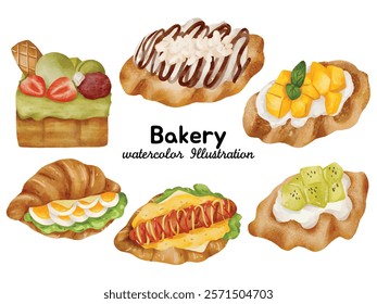 Bakery Watercolor Illustration Set – Collection of Tasty Pastries and Breads Featuring Fresh Croissants, Hot Dog Rolls, Kiwi Tarts, Mango Danish, Chocolate Drizzle Bread, and Fruit Topped Desserts